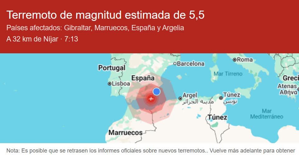 Terremoto de magnitud 5,5 frente a la costa de Almería sacude el sureste español sin causar daños